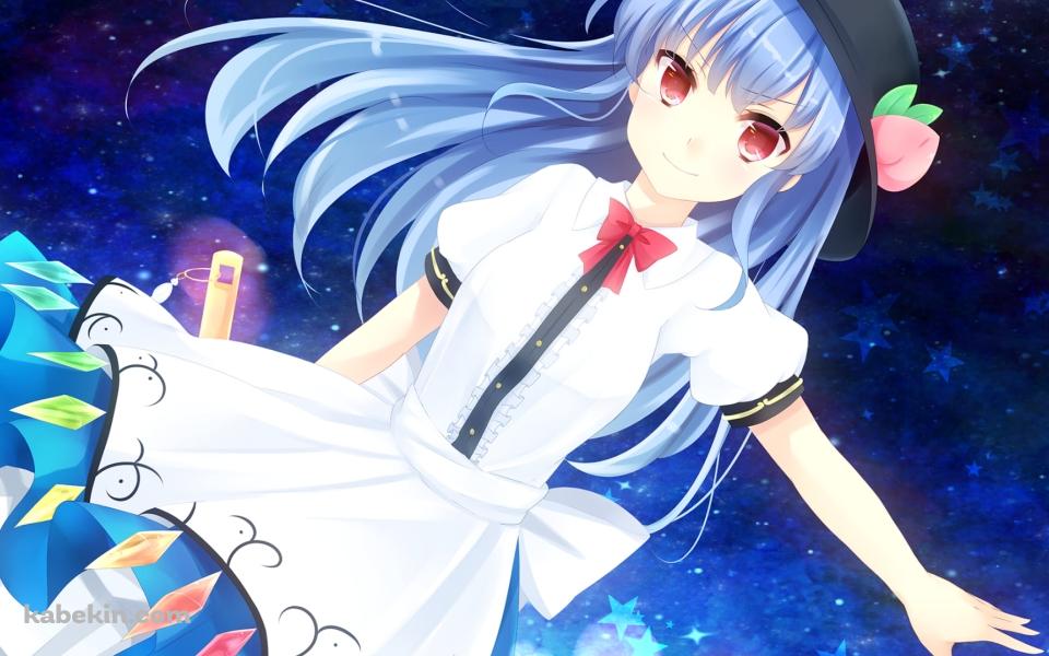左手をかざす比那名居天子 / 綺麗な星空 / 赤い瞳 / 東方の壁紙(960px x 600px) 高画質 PC・デスクトップ用