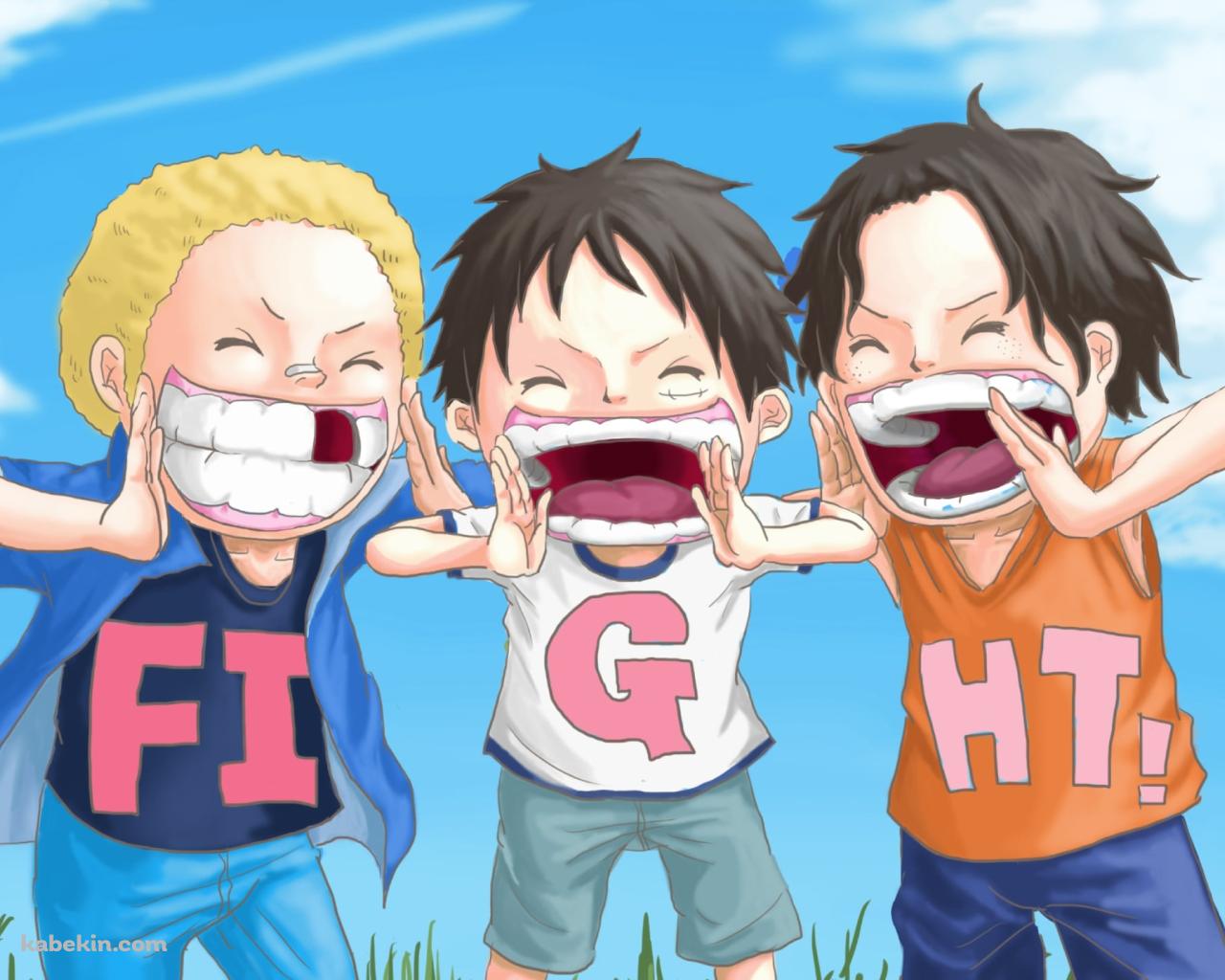 FIGHT! / モンキー・d・ルフィ / ポートガス・d・エース / サボ / むき出しの歯茎 / ワンピースの壁紙(1280px x 1024px) 高画質 PC・デスクトップ用