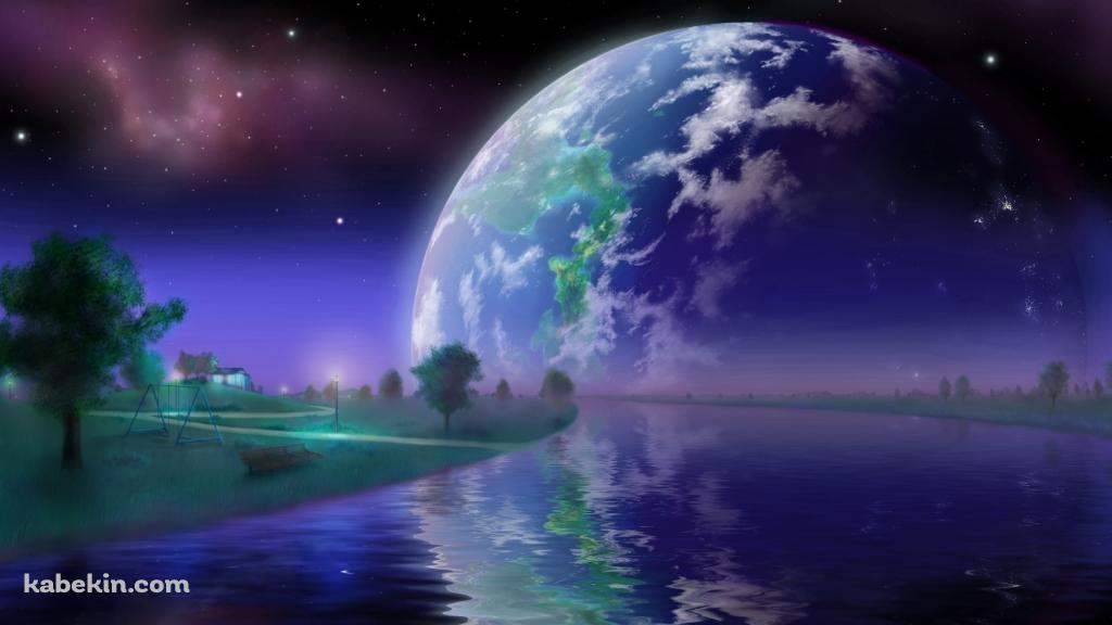 川と大きな惑星 / まばらな星の壁紙(1024px x 576px) 高画質 PC・デスクトップ用