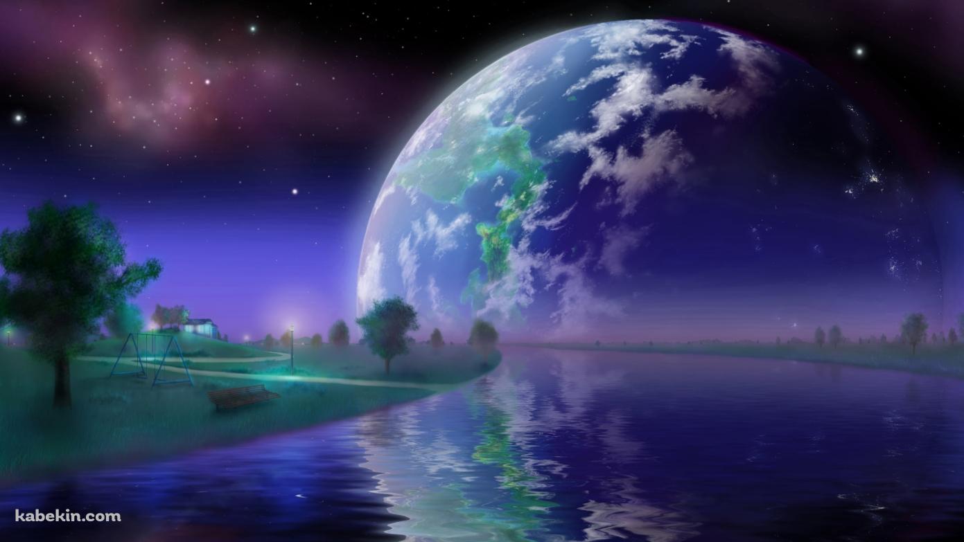 川と大きな惑星 / まばらな星の壁紙(1391px x 783px) 高画質 PC・デスクトップ用