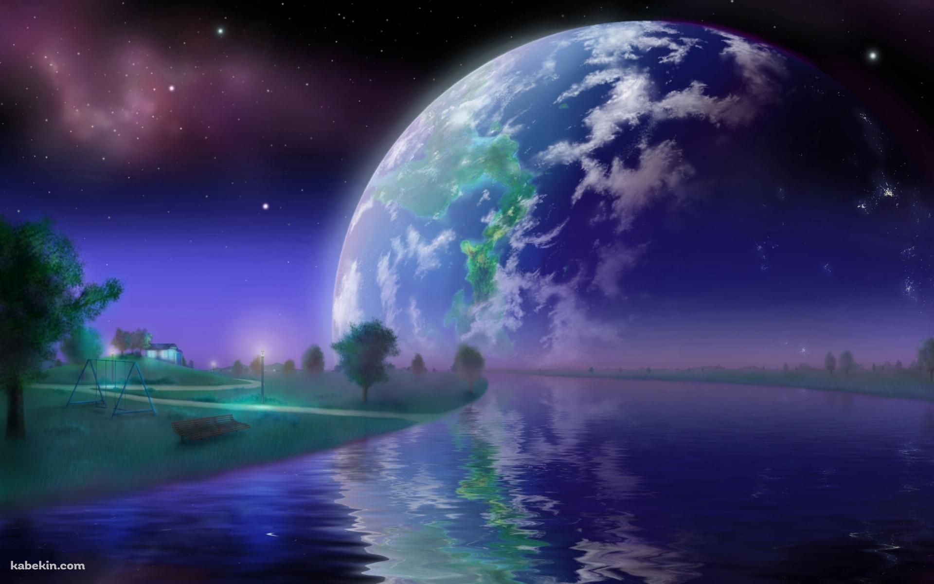 川と大きな惑星 / まばらな星の壁紙(1920px x 1200px) 高画質 PC・デスクトップ用