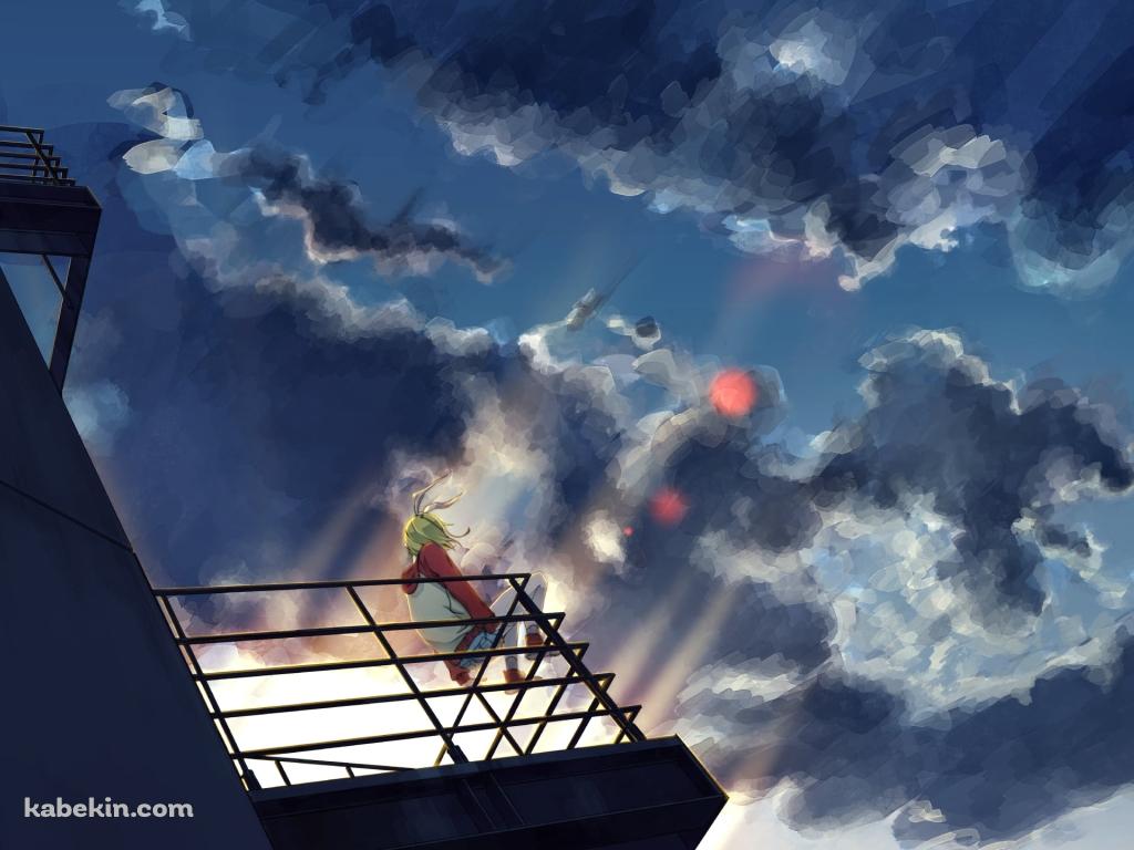 朝焼けとビルの階段の手摺に座る鏡音リン / ボカロの壁紙(1024px x 768px) 高画質 PC・デスクトップ用