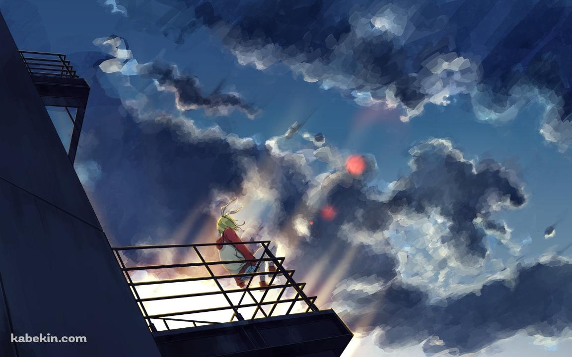 朝焼けとビルの階段の手摺に座る鏡音リン / ボカロの壁紙(1152px x 720px) 高画質 PC・デスクトップ用