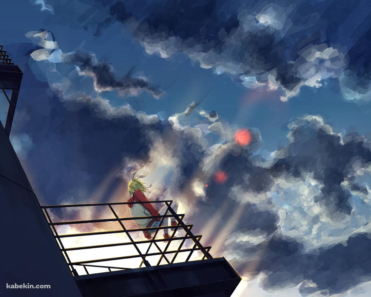 朝焼けとビルの階段の手摺に座る鏡音リン / ボカロの壁紙(1280px x 1024px) 高画質 PC・デスクトップ用