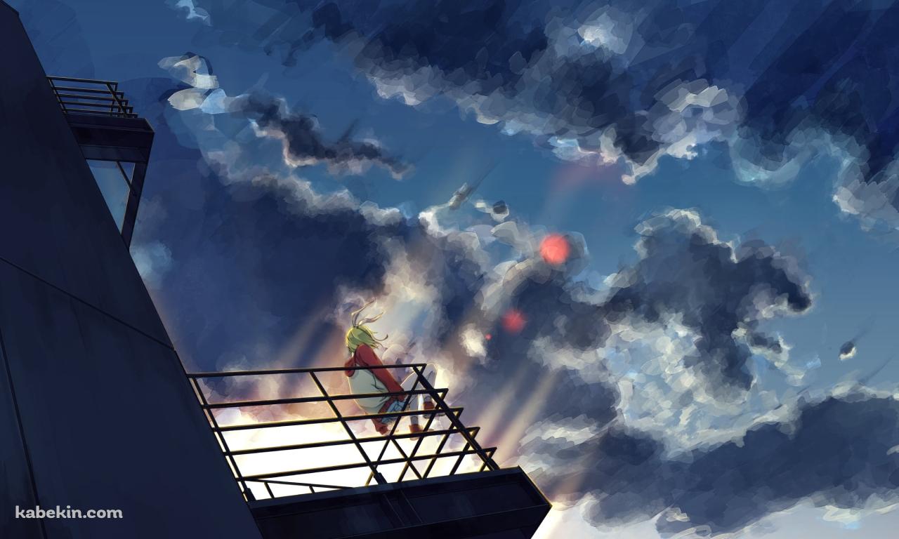 朝焼けとビルの階段の手摺に座る鏡音リン / ボカロの壁紙(1280px x 768px) 高画質 PC・デスクトップ用