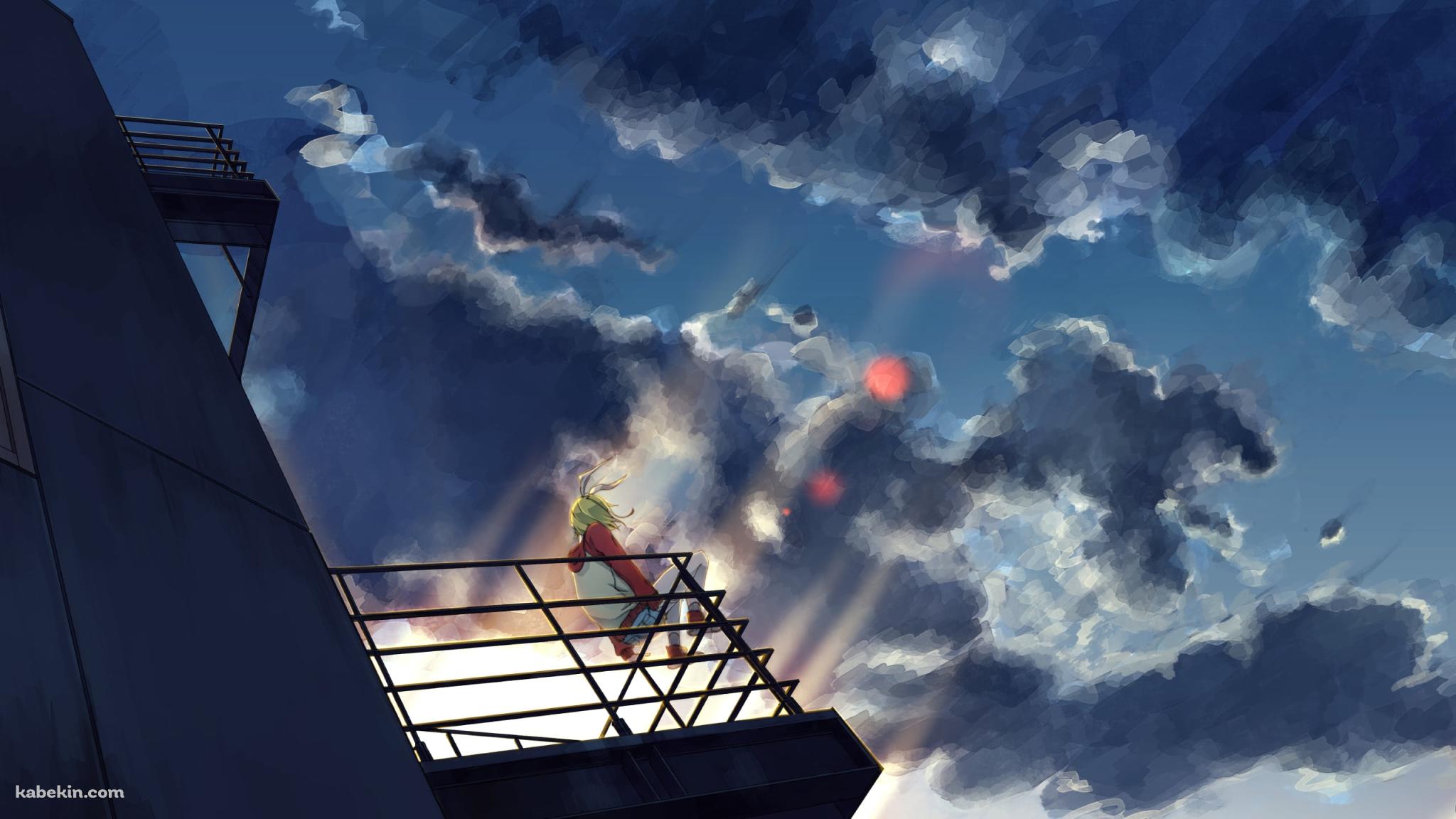 朝焼けとビルの階段の手摺に座る鏡音リン / ボカロの壁紙(2048px x 1152px) 高画質 PC・デスクトップ用