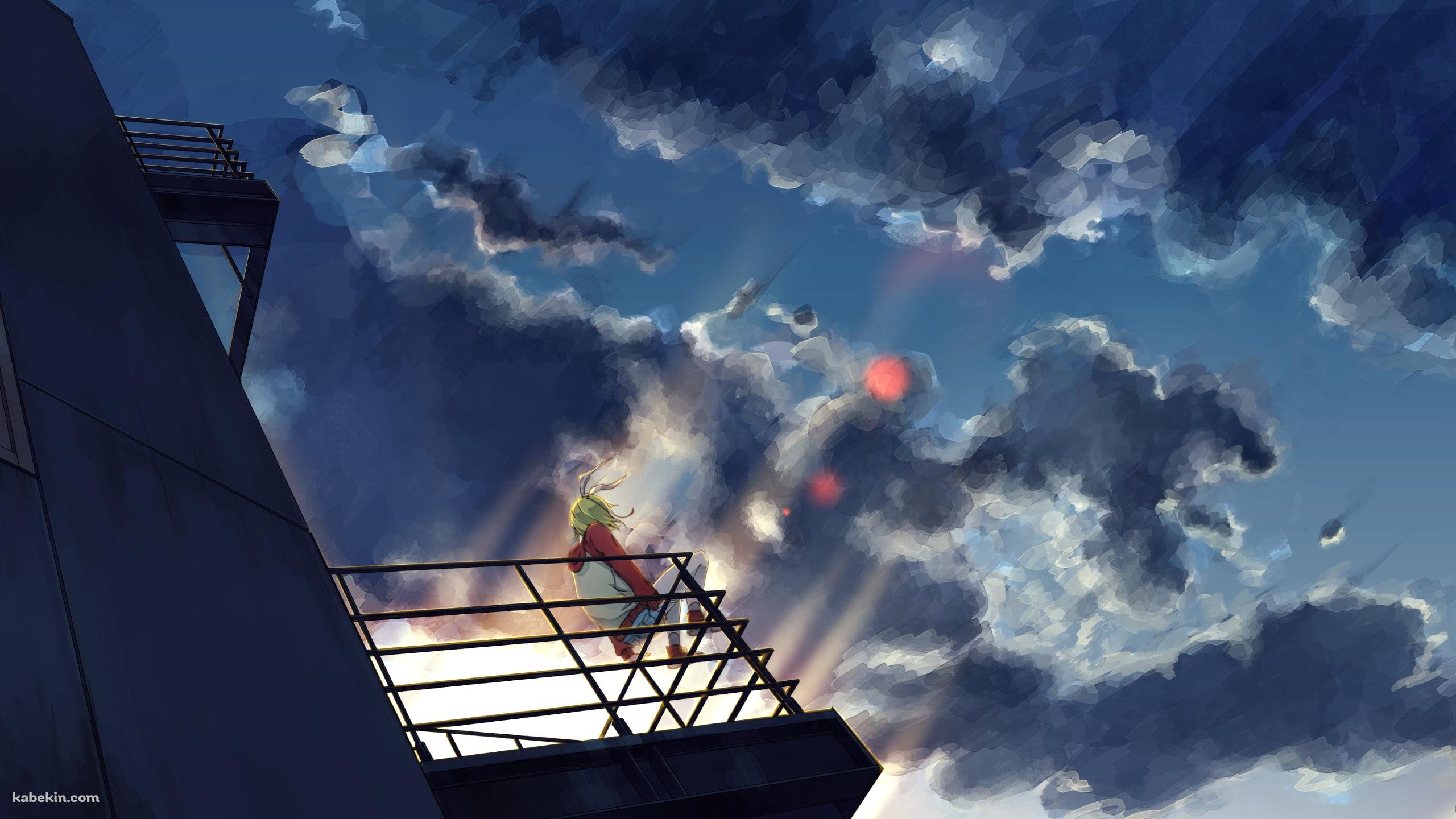 朝焼けとビルの階段の手摺に座る鏡音リン / ボカロの壁紙(2560px x 1440px) 高画質 PC・デスクトップ用