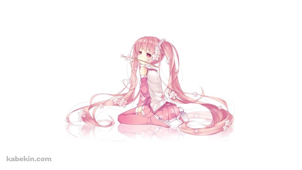 桜の枝を咥える可愛い桜ミク / 初音ミク / ボカロの壁紙(1024px x 576px) 高画質 PC・デスクトップ用