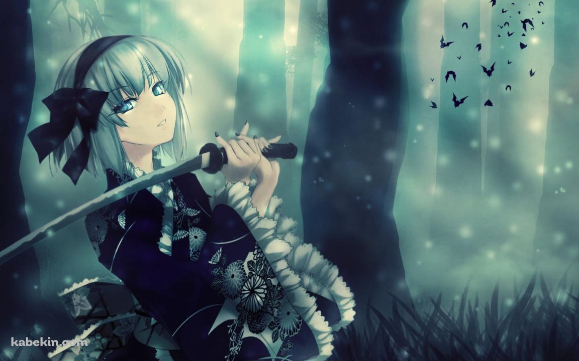 暗い森で刀をかまえる魂魄妖夢 / 東方の壁紙(1152px x 720px) 高画質 PC・デスクトップ用