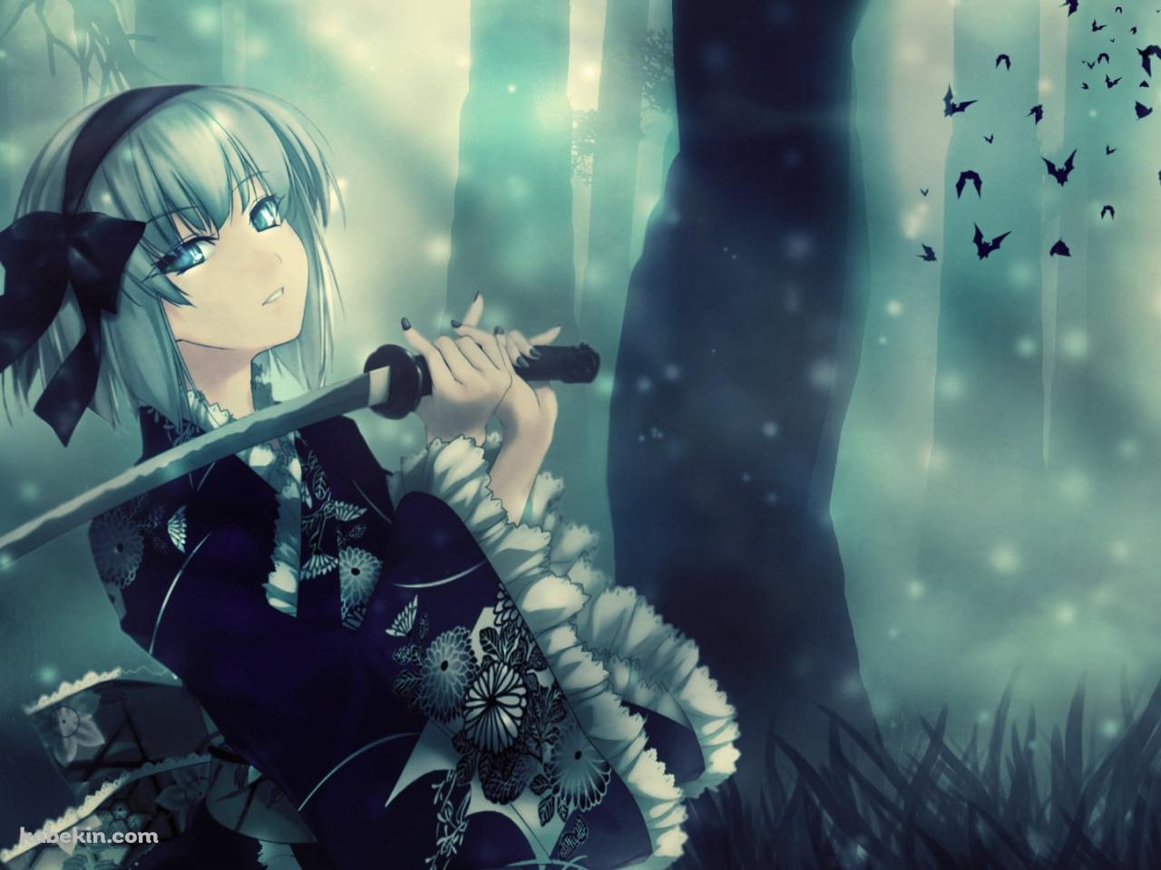 暗い森で刀をかまえる魂魄妖夢 / 東方の壁紙(1280px x 960px) 高画質 PC・デスクトップ用
