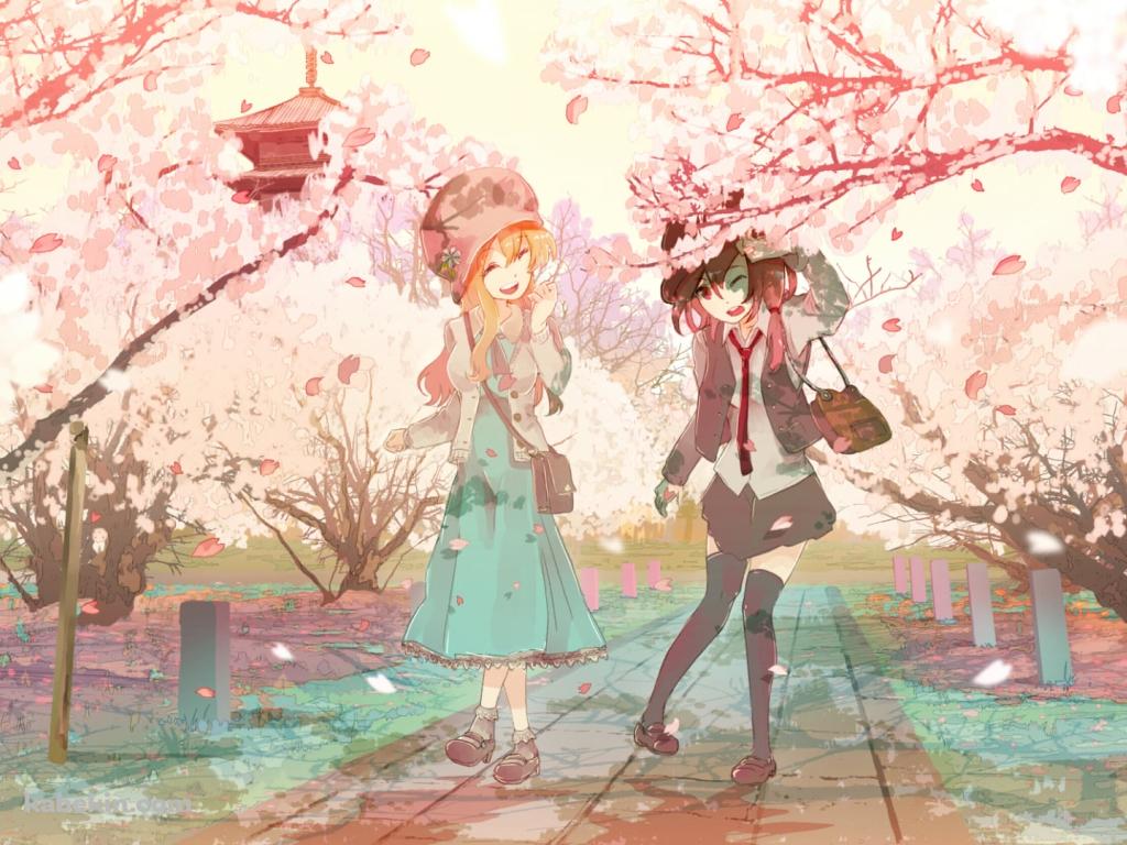 桜が咲く道を通る宇佐見蓮子とマエリベリー・ハーン / 東方の壁紙(1024px x 768px) 高画質 PC・デスクトップ用