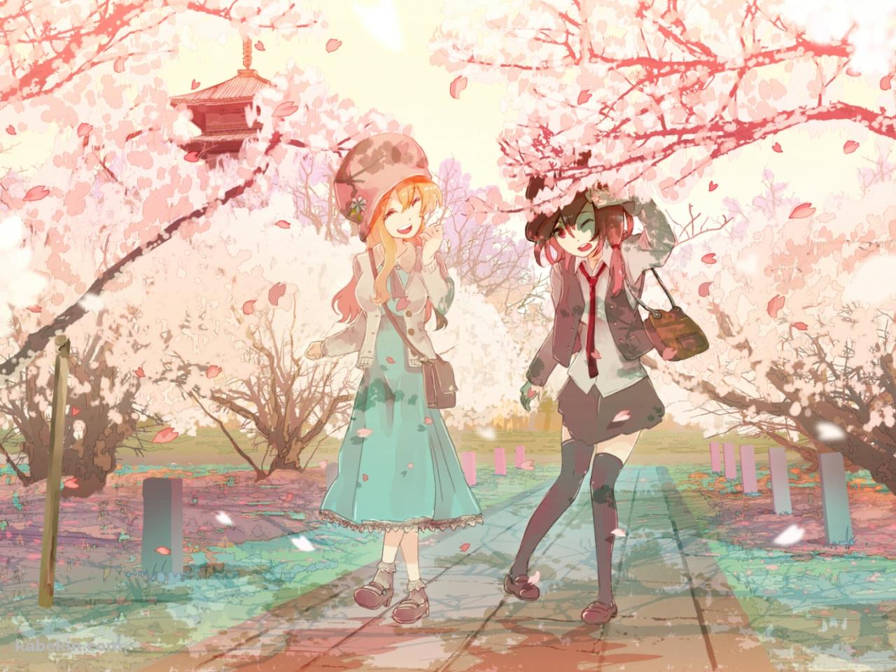 桜が咲く道を通る宇佐見蓮子とマエリベリー・ハーン / 東方の壁紙(1280px x 960px) 高画質 PC・デスクトップ用