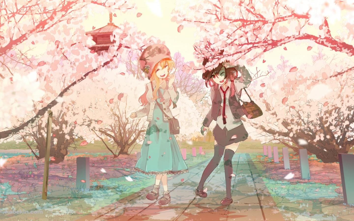 桜が咲く道を通る宇佐見蓮子とマエリベリー・ハーン / 東方の壁紙(1440px x 900px) 高画質 PC・デスクトップ用