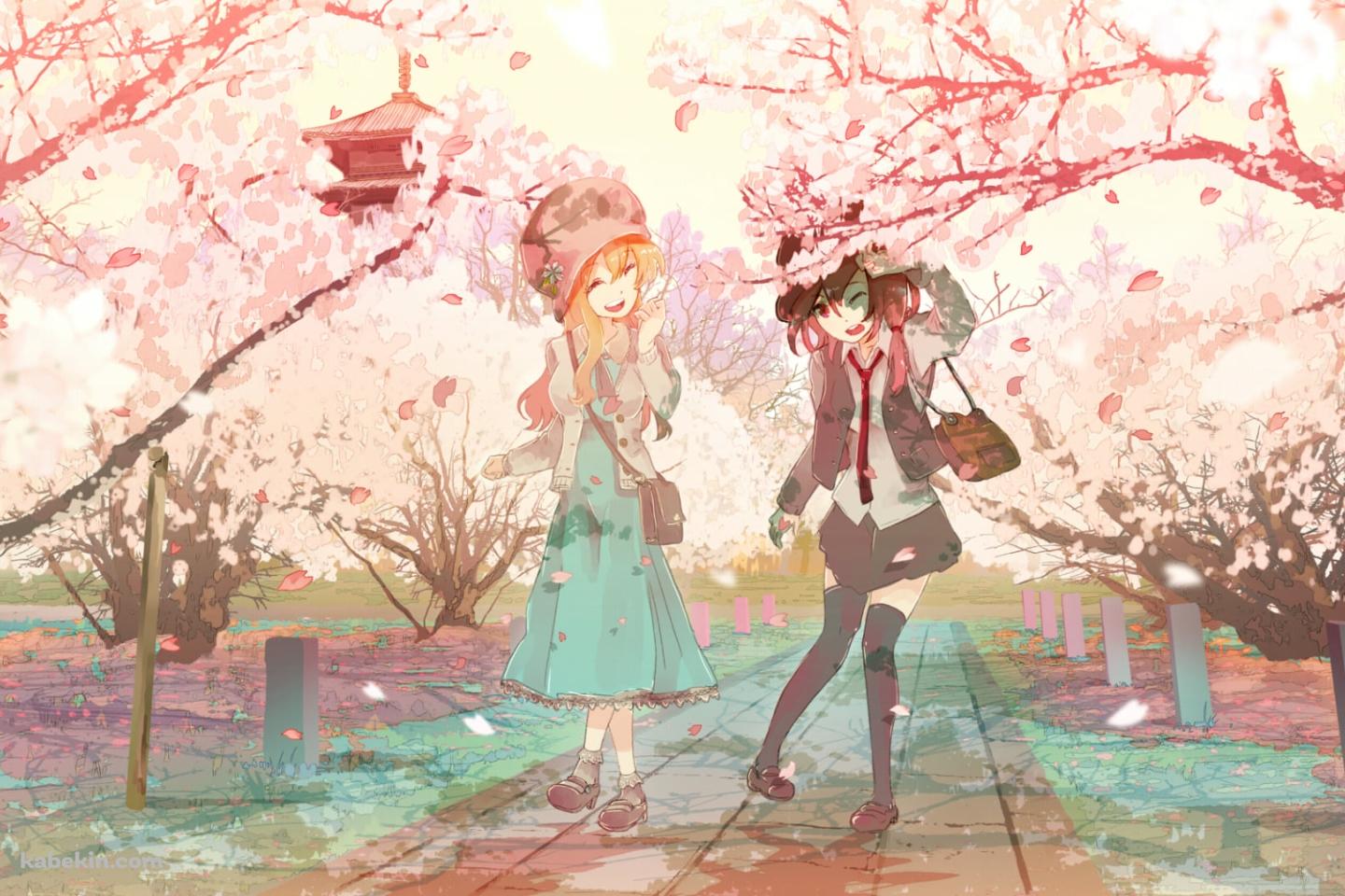 桜が咲く道を通る宇佐見蓮子とマエリベリー・ハーン / 東方の壁紙(1440px x 960px) 高画質 PC・デスクトップ用
