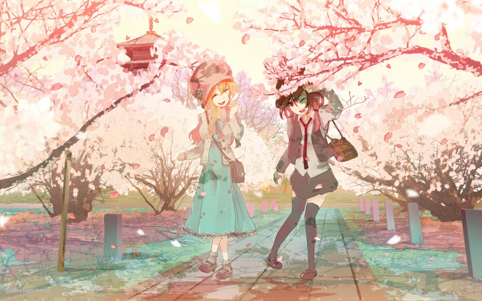 桜が咲く道を通る宇佐見蓮子とマエリベリー・ハーン / 東方の壁紙(1680px x 1050px) 高画質 PC・デスクトップ用