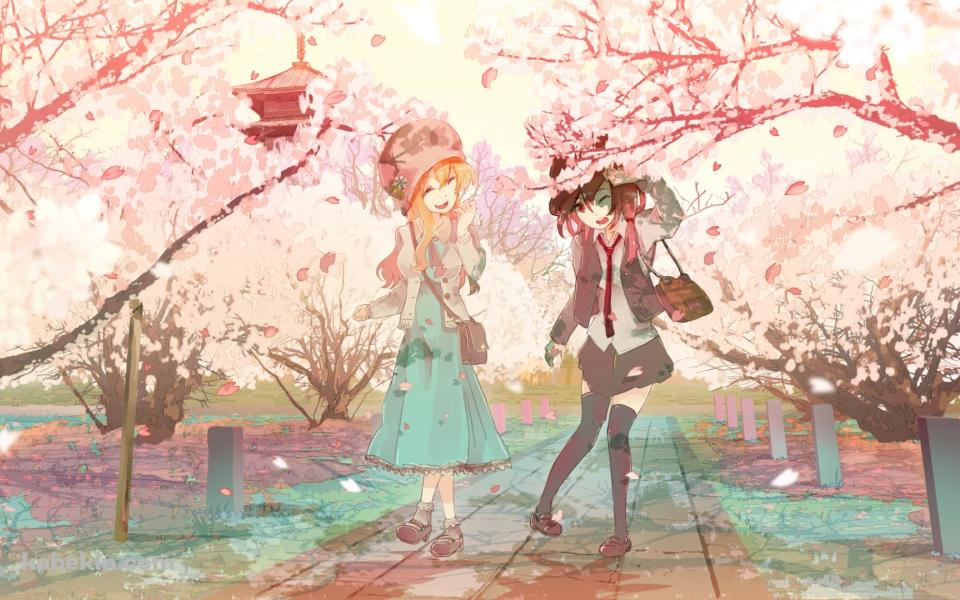 桜が咲く道を通る宇佐見蓮子とマエリベリー・ハーン / 東方の壁紙(960px x 600px) 高画質 PC・デスクトップ用