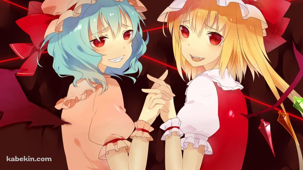 手を合わせるフランドール・スカーレットとレミリア・スカーレット / 東方の壁紙(1024px x 576px) 高画質 PC・デスクトップ用