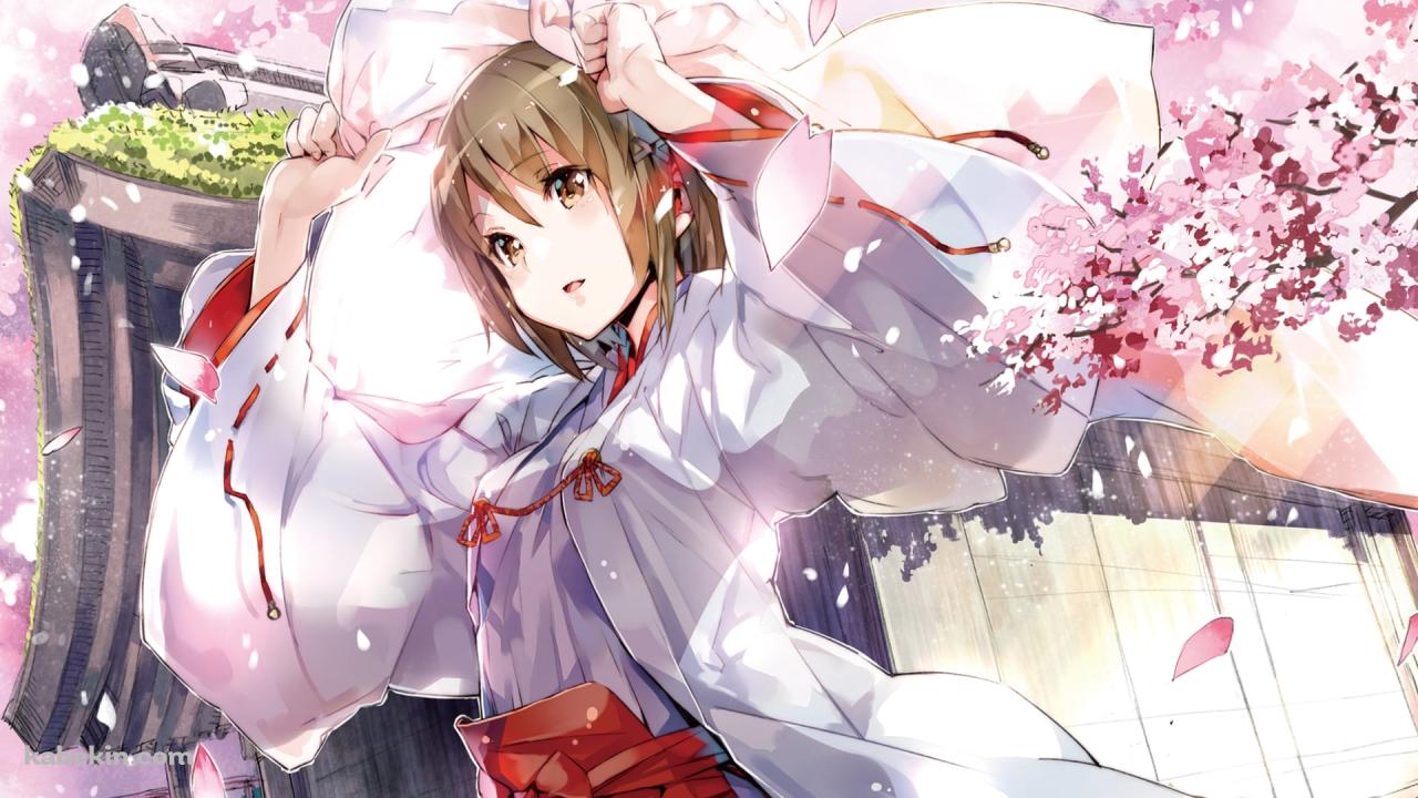 桜と巫女姿の可愛い天女目瑛 / ヨスガノソラの壁紙(1280px x 720px) 高画質 PC・デスクトップ用