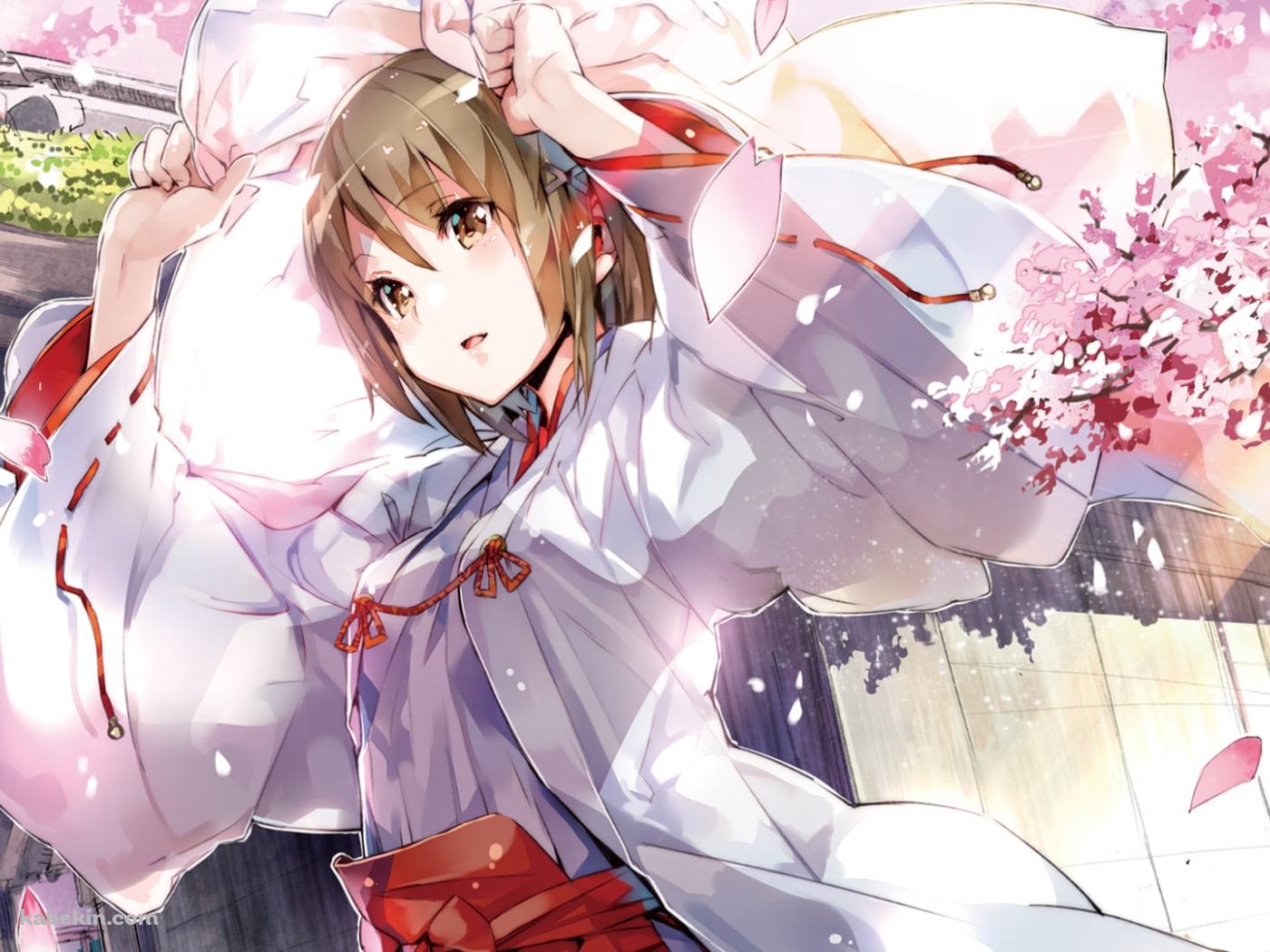 桜と巫女姿の可愛い天女目瑛 / ヨスガノソラの壁紙(1400px x 1050px) 高画質 PC・デスクトップ用