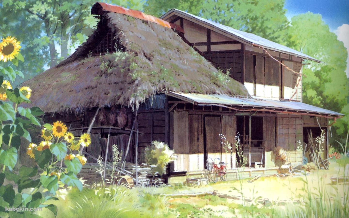 向日葵咲く庭と日本家屋 / 平成狸合戦ぽんぽこの壁紙(1440px x 900px) 高画質 PC・デスクトップ用