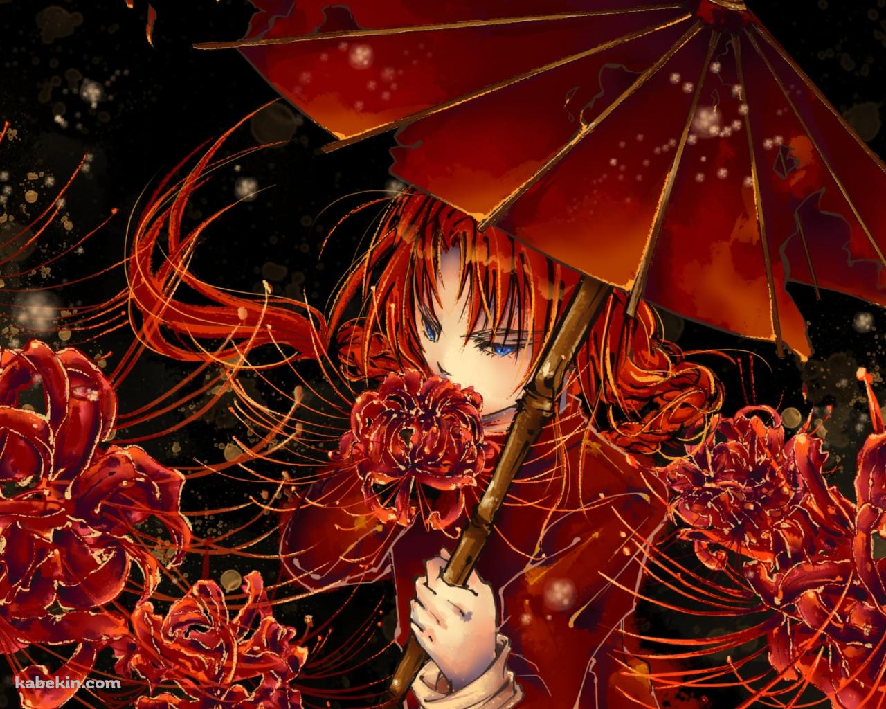 赤い和傘をさす神威 / 彼岸花 / 銀魂の壁紙(1280px x 1024px) 高画質 PC・デスクトップ用
