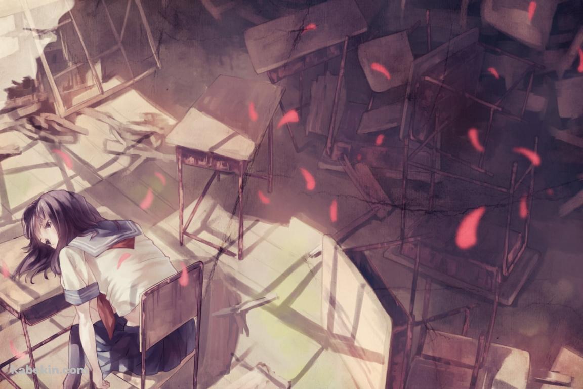 グチャグチャの教室と机で寝る女子高生の壁紙(1152px x 768px) 高画質 PC・デスクトップ用