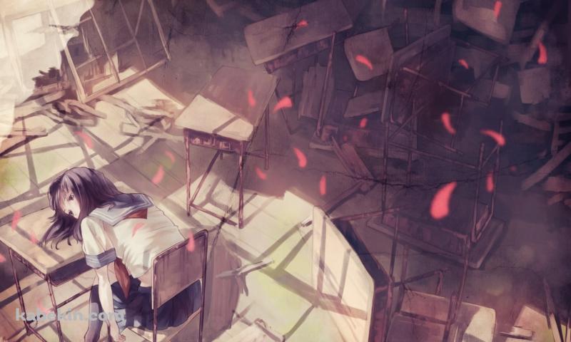 グチャグチャの教室と机で寝る女子高生の壁紙(800px x 480px) 高画質 PC・デスクトップ用