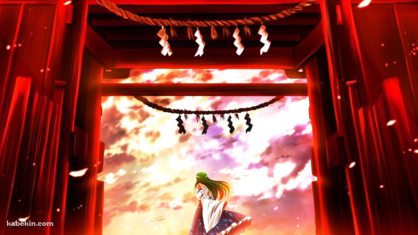 赤い鳥居と東風谷早苗の後ろ姿 / 東方の壁紙(1366px x 768px) 高画質 PC・デスクトップ用