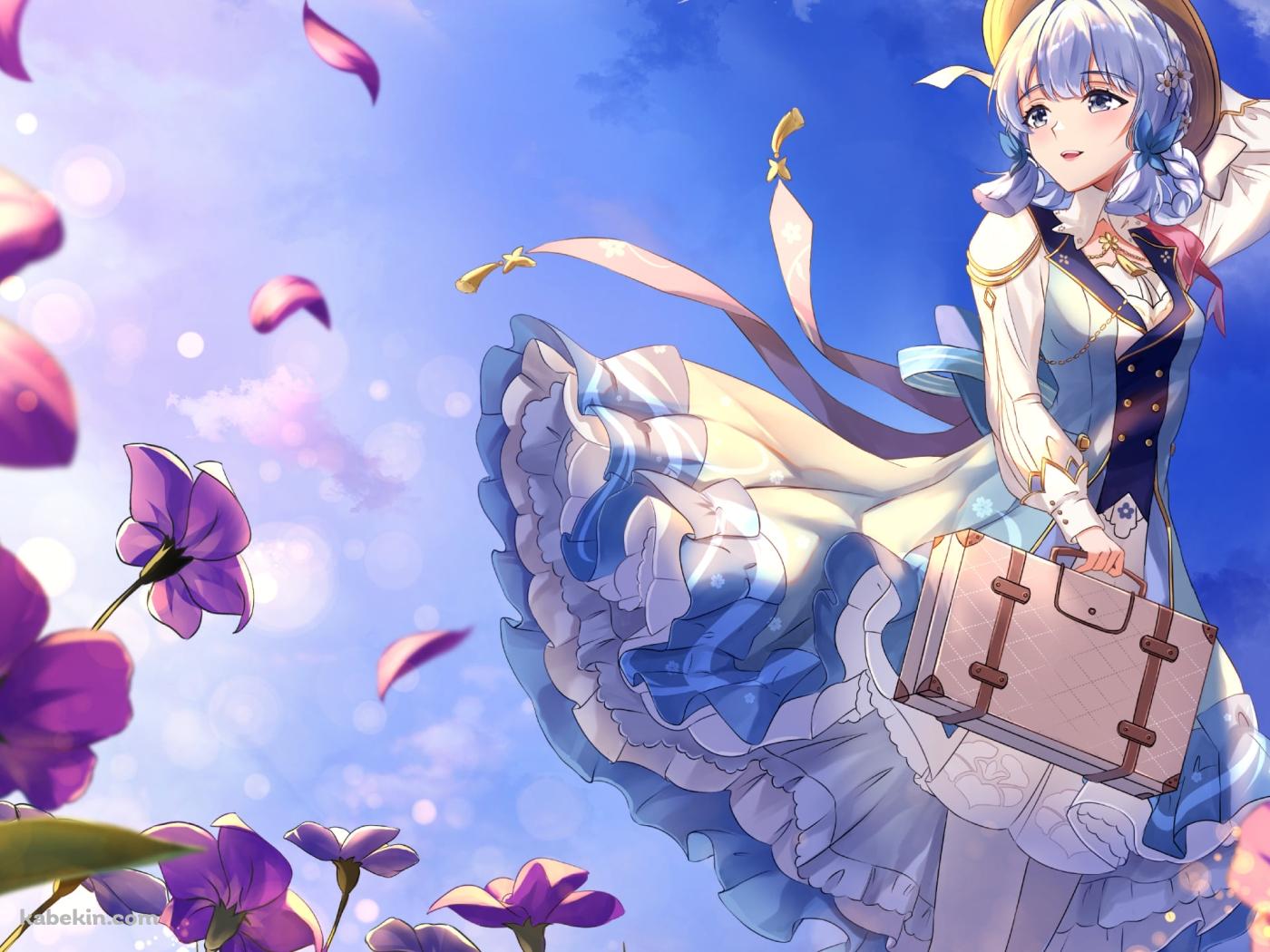紫の花と帽子をおさえる神里綾華 / 原神の壁紙(1400px x 1050px) 高画質 PC・デスクトップ用
