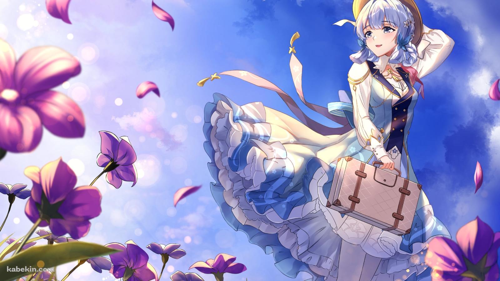 紫の花と帽子をおさえる神里綾華 / 原神の壁紙(1600px x 900px) 高画質 PC・デスクトップ用