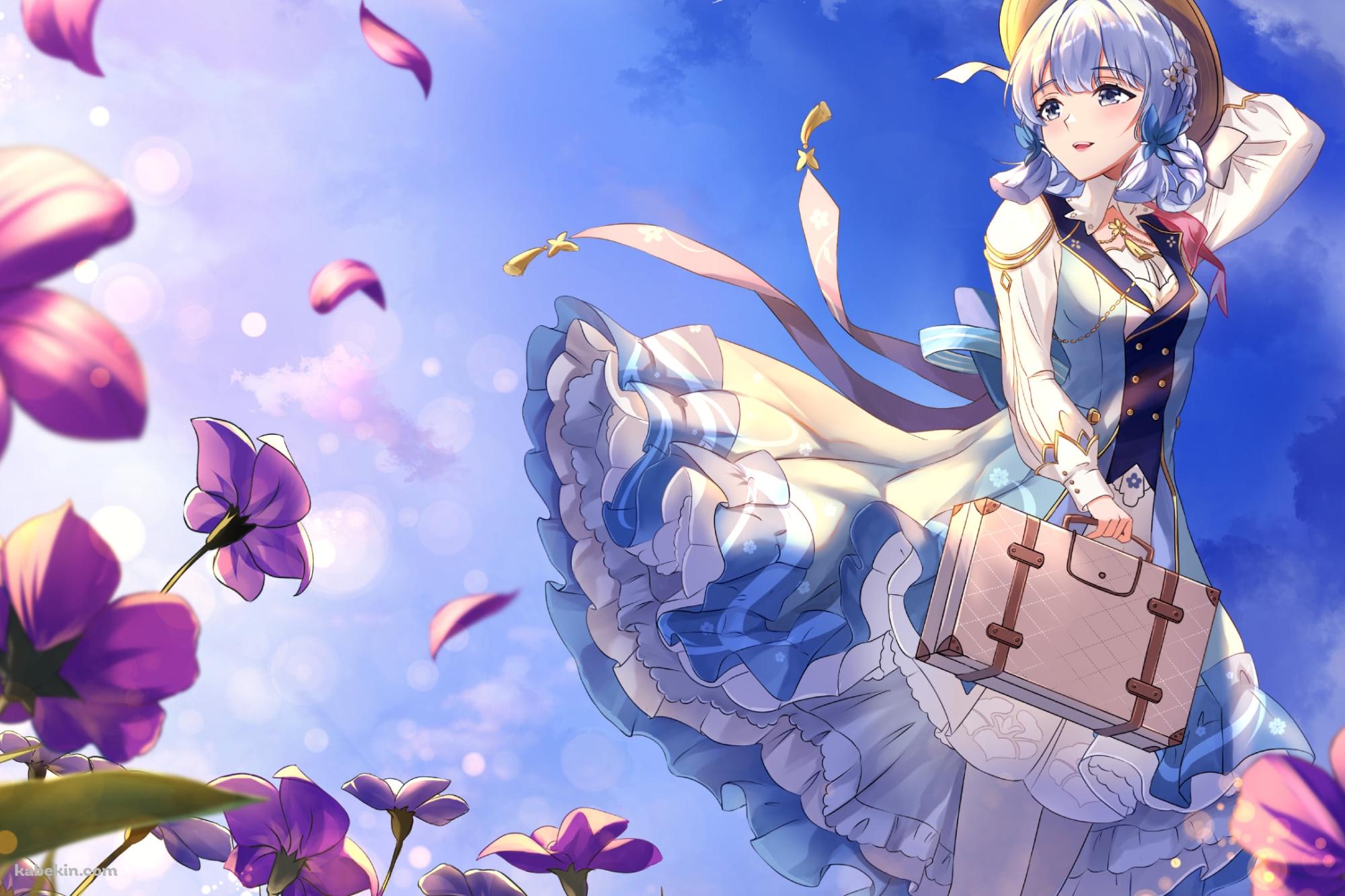 紫の花と帽子をおさえる神里綾華 / 原神の壁紙(2000px x 1333px) 高画質 PC・デスクトップ用