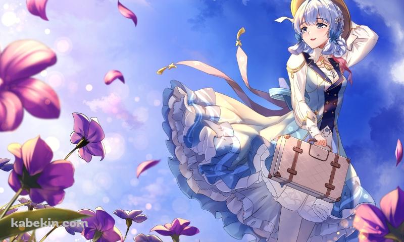 紫の花と帽子をおさえる神里綾華 / 原神の壁紙(800px x 480px) 高画質 PC・デスクトップ用