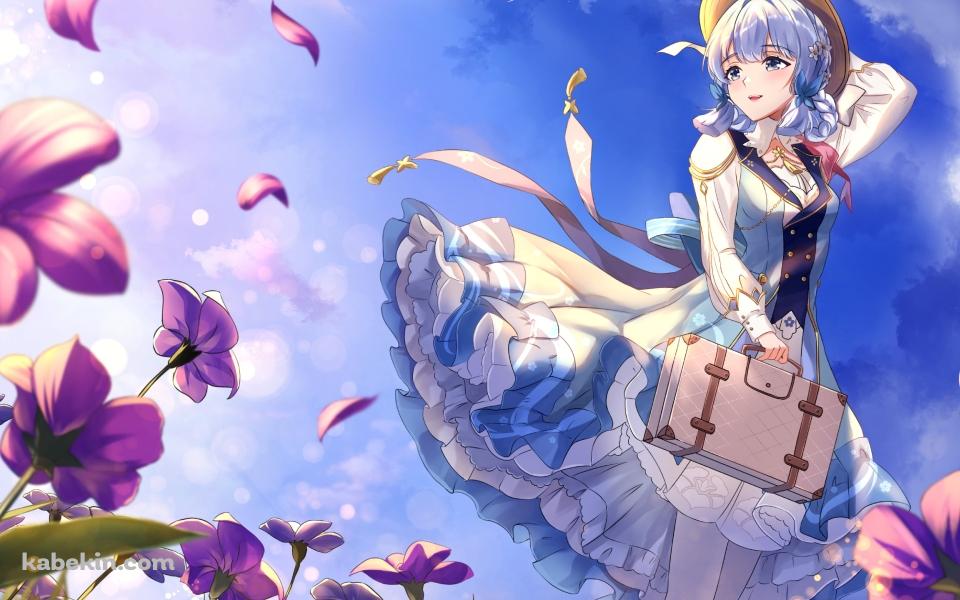 紫の花と帽子をおさえる神里綾華 / 原神の壁紙(960px x 600px) 高画質 PC・デスクトップ用
