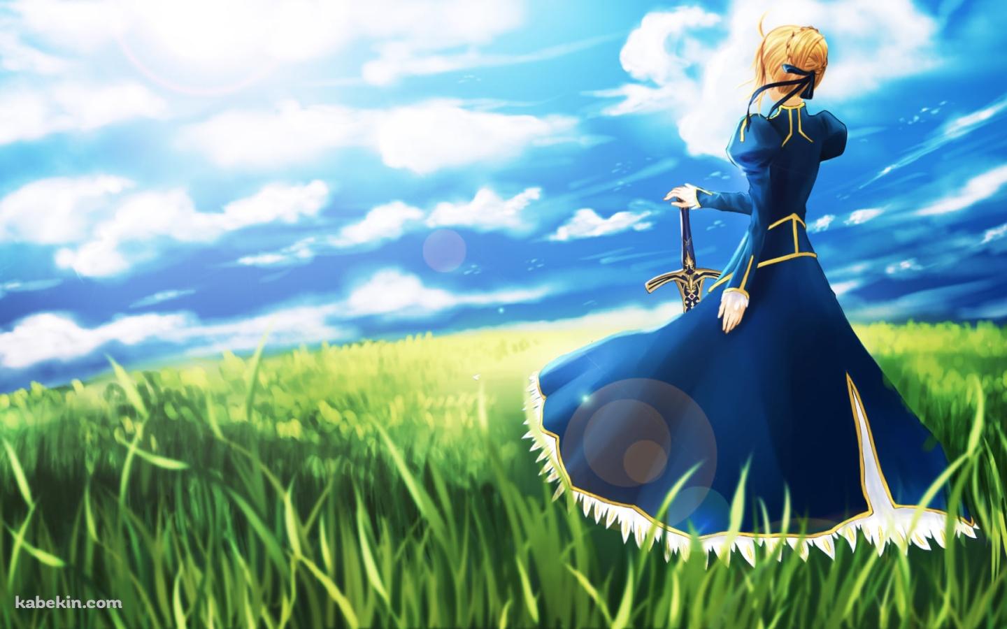 緑の草原に佇み青空を眺めるセイバー / Fateの壁紙(1440px x 900px) 高画質 PC・デスクトップ用