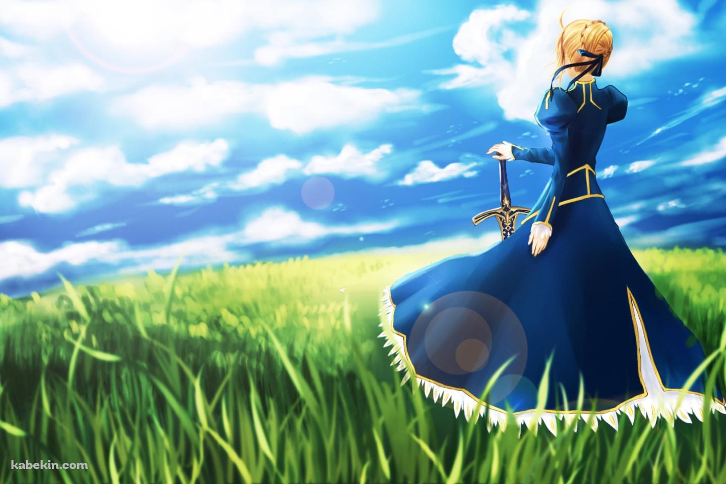 緑の草原に佇み青空を眺めるセイバー / Fateの壁紙(1440px x 960px) 高画質 PC・デスクトップ用