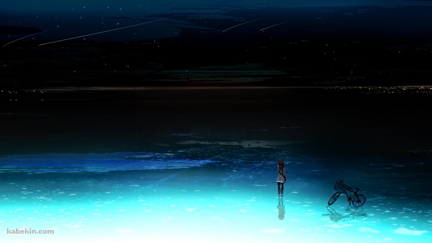 流れ星 / 夜景 / 女性 / 籠のついた自転車の壁紙(1391px x 783px) 高画質 PC・デスクトップ用