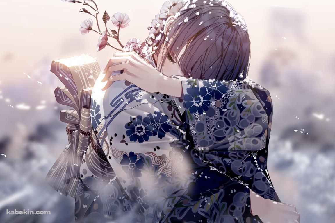 花を持ちうずくまる着物を着た女性の壁紙(1152px x 768px) 高画質 PC・デスクトップ用