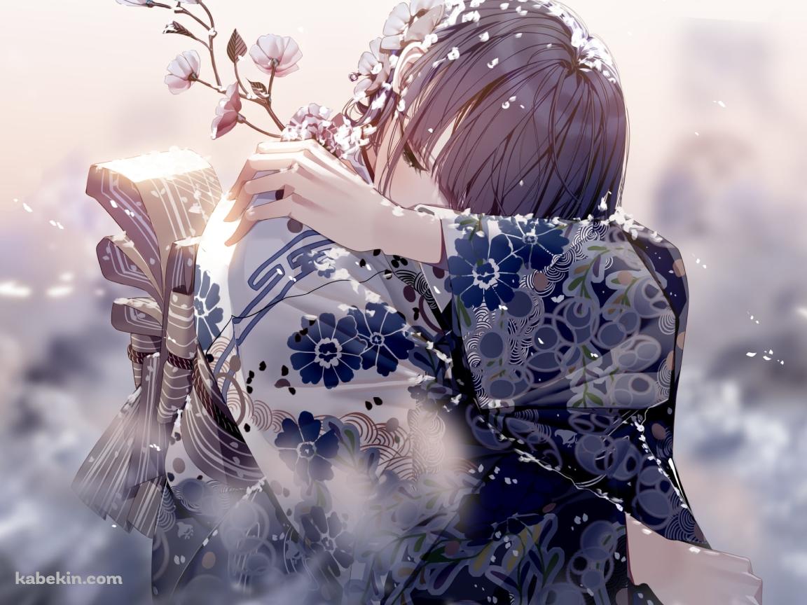 花を持ちうずくまる着物を着た女性の壁紙(1152px x 864px) 高画質 PC・デスクトップ用