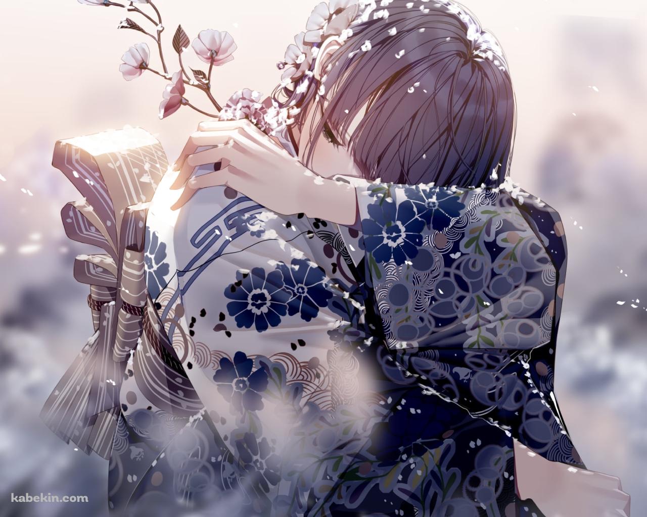 花を持ちうずくまる着物を着た女性の壁紙(1280px x 1024px) 高画質 PC・デスクトップ用