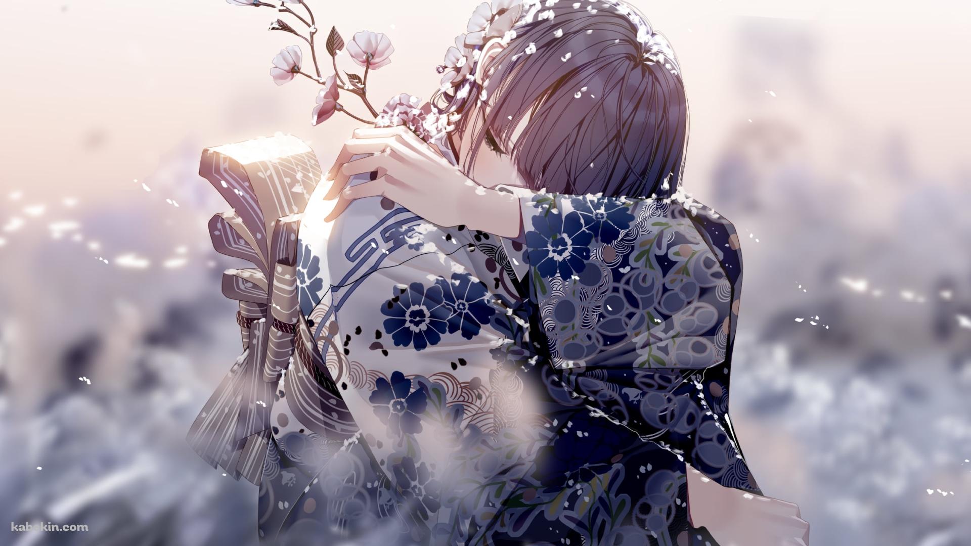 花を持ちうずくまる着物を着た女性の壁紙(1920px x 1080px) 高画質 PC・デスクトップ用