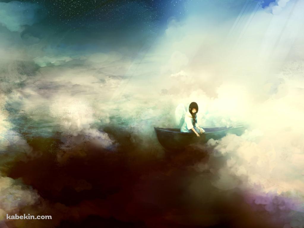 雲の上を泳ぐボートに乗る女性の壁紙(1024px x 768px) 高画質 PC・デスクトップ用