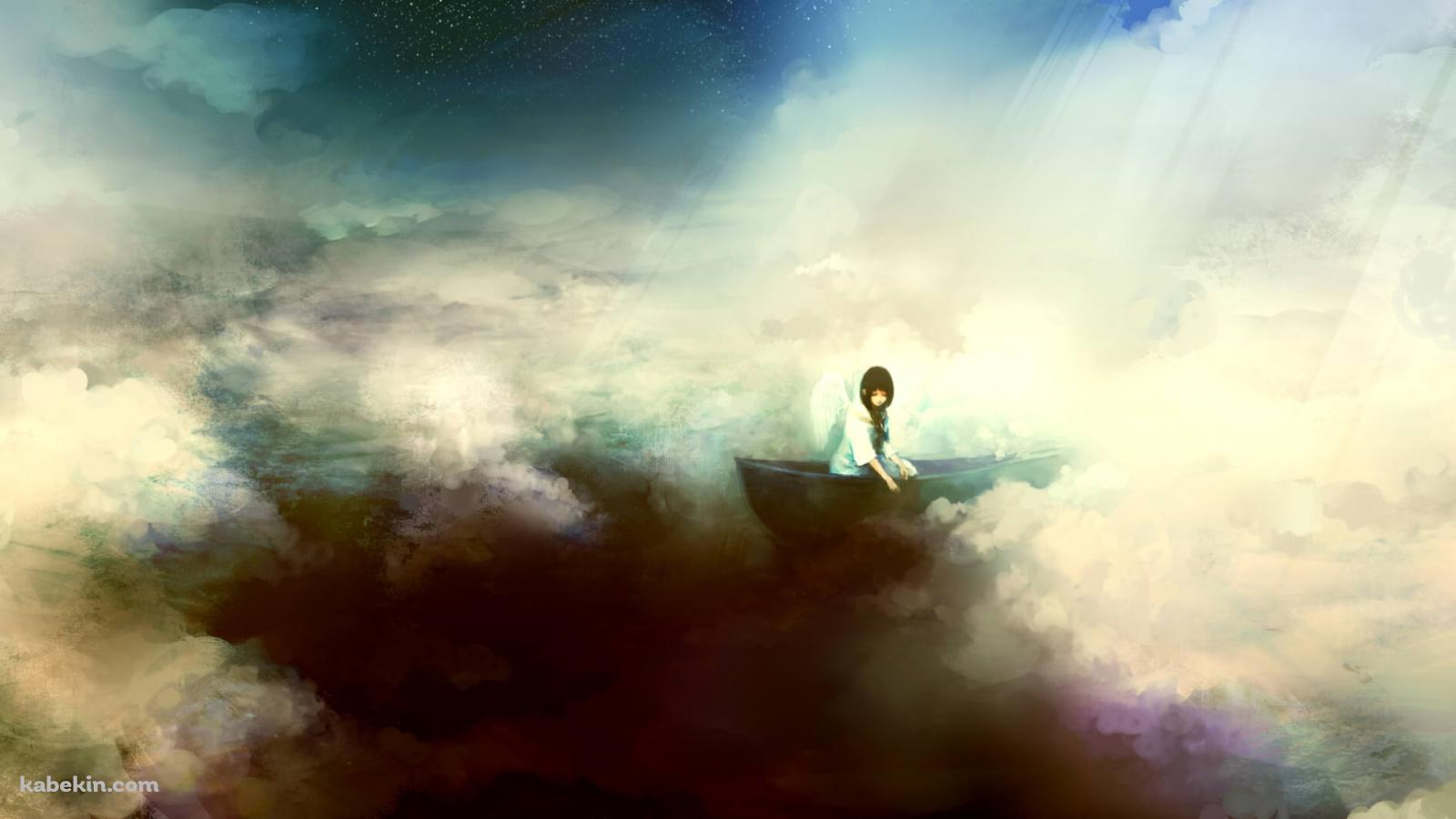 雲の上を泳ぐボートに乗る女性の壁紙(1600px x 900px) 高画質 PC・デスクトップ用