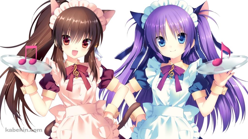 メイド姿で音符を持つ棗鈴と笹瀬川 佐々美 / リトルバスターズ!の壁紙(1024px x 576px) 高画質 PC・デスクトップ用