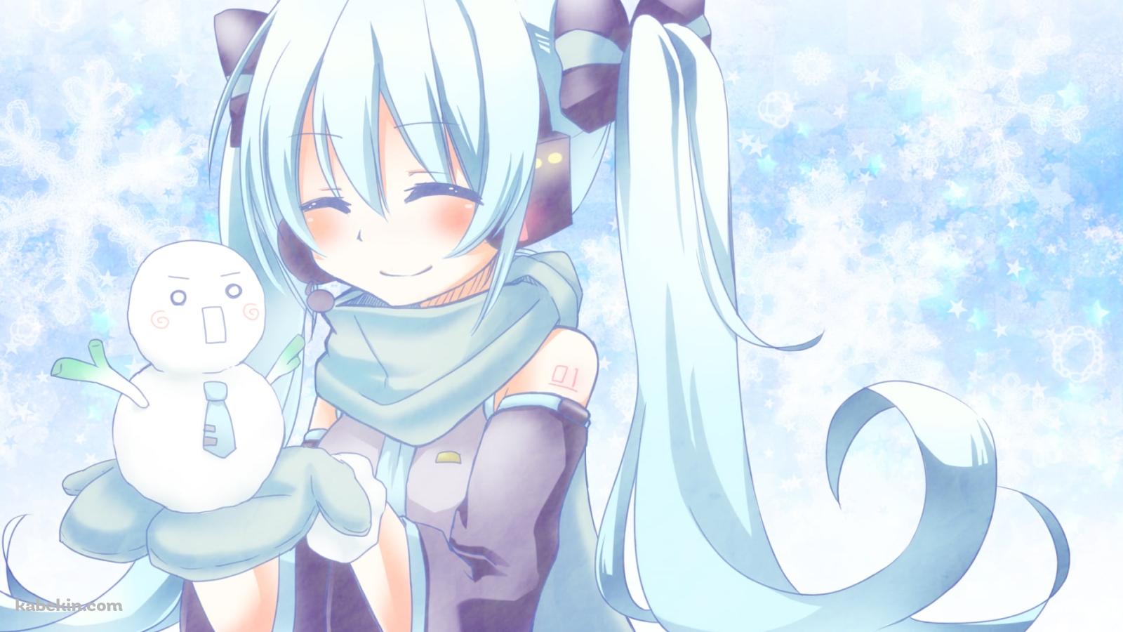 雪だるまを掌に乗せた初音ミク / ボカロの壁紙(1600px x 900px) 高画質 PC・デスクトップ用