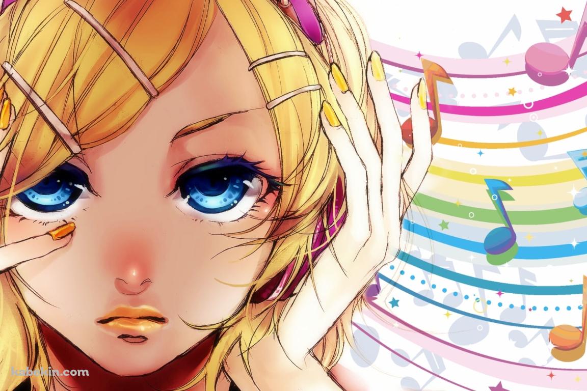 頭に手をあてる鏡音リン / カラフルな音符 / ボカロの壁紙(1152px x 768px) 高画質 PC・デスクトップ用