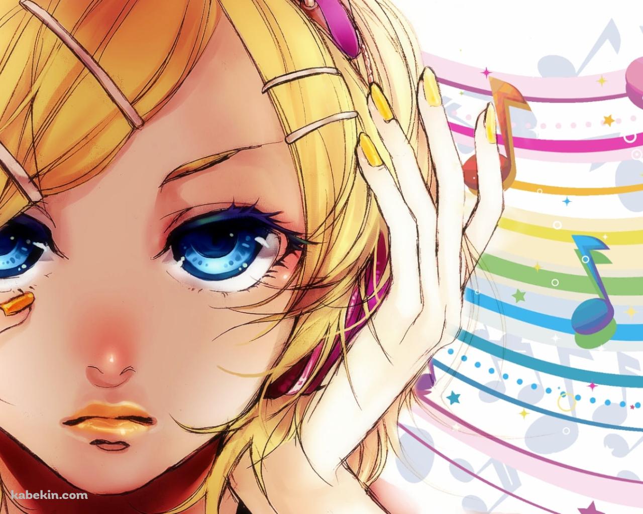 頭に手をあてる鏡音リン / カラフルな音符 / ボカロの壁紙(1280px x 1024px) 高画質 PC・デスクトップ用