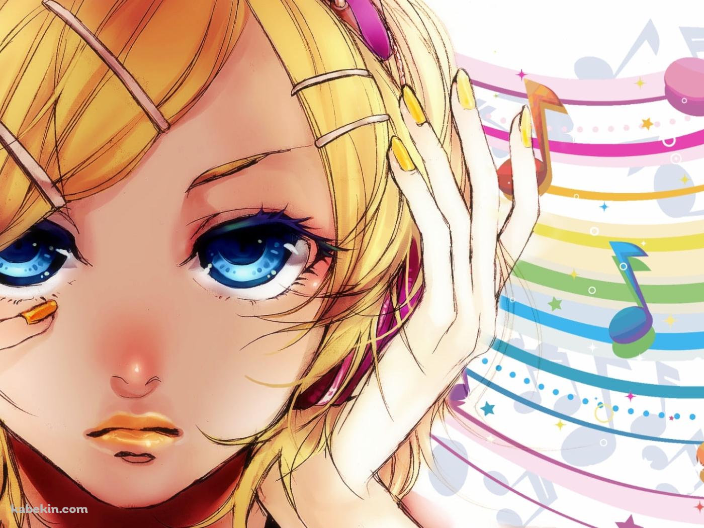 頭に手をあてる鏡音リン / カラフルな音符 / ボカロの壁紙(1400px x 1050px) 高画質 PC・デスクトップ用