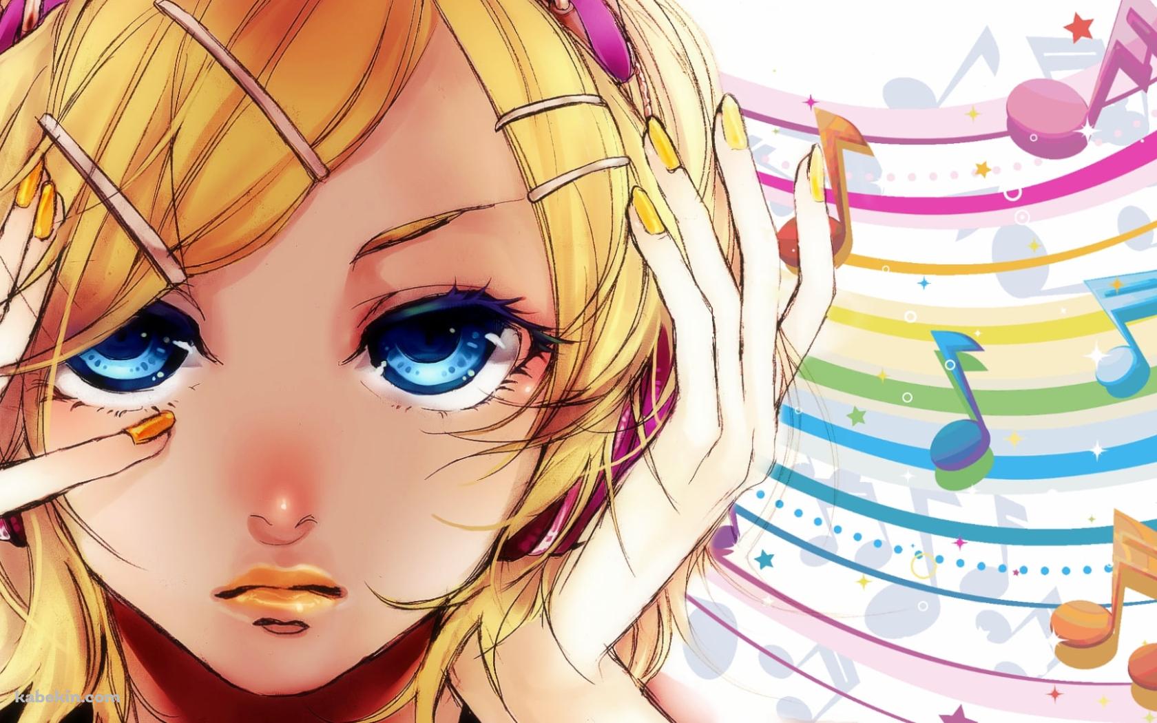 頭に手をあてる鏡音リン / カラフルな音符 / ボカロの壁紙(1680px x 1050px) 高画質 PC・デスクトップ用
