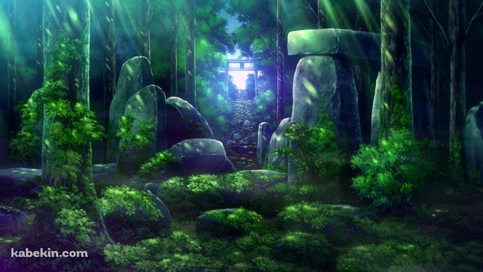 緑に覆われた森と遠くに見える鳥居 / 蛍火の杜への壁紙(960px x 540px) 高画質 PC・デスクトップ用