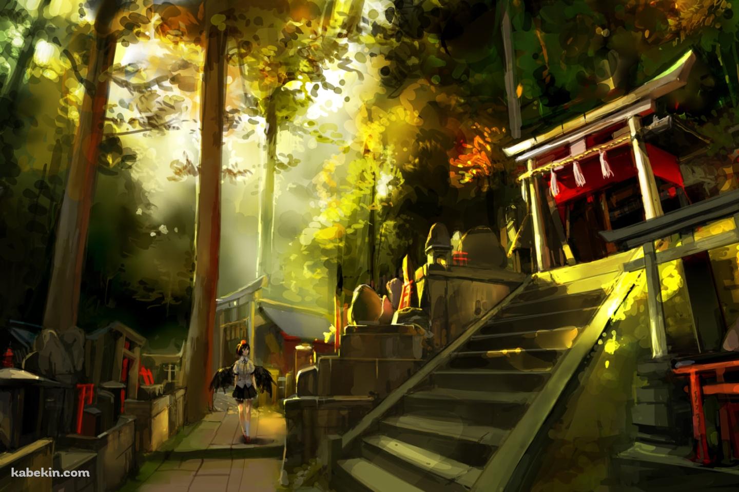 森の中にある社と射命丸文 / 東方の壁紙(1440px x 960px) 高画質 PC・デスクトップ用